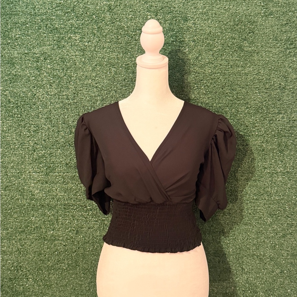 Papaya Black Wrap Blouse with Smocked Waist